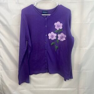 Vintage Las Olas women's purple floral‎ button soft knit cardigan sweater cotton